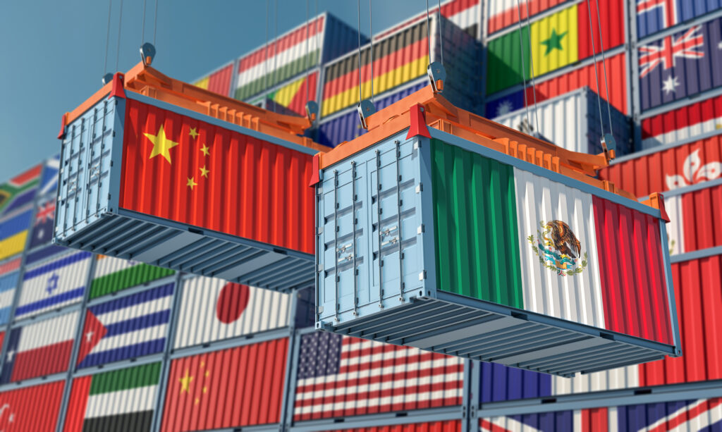 Freight,Containers,With,Mexico,And,China,National,Flags.,3d,Rendering