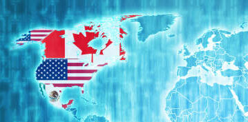 Nafta flags on blue digital world map with actual national borders
